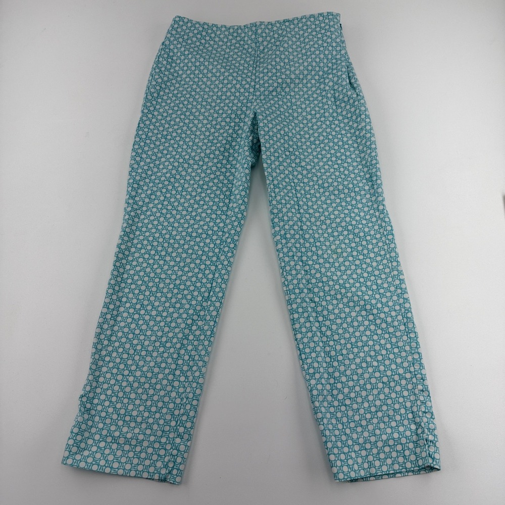 Talbots Heritage Turquoise White Novelty Print Side Zip Crop Pants 4 Cotton